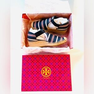 New in box! Tory Burch blue, red, and white espadrilles.